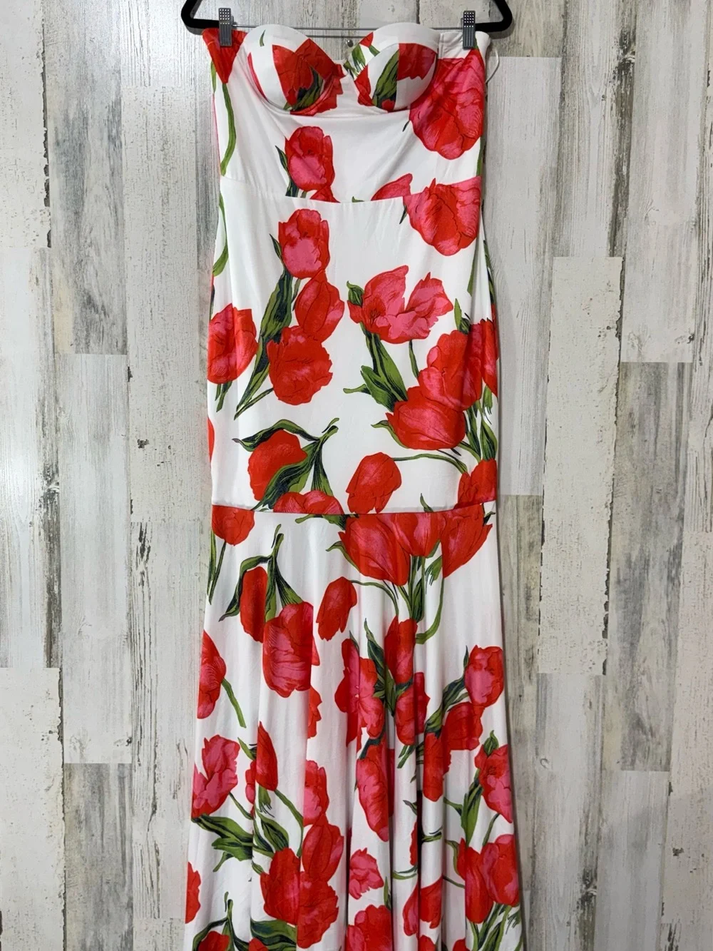 Strapless Mermaid Style Dress with Red Floral Print and Fitted Bodice